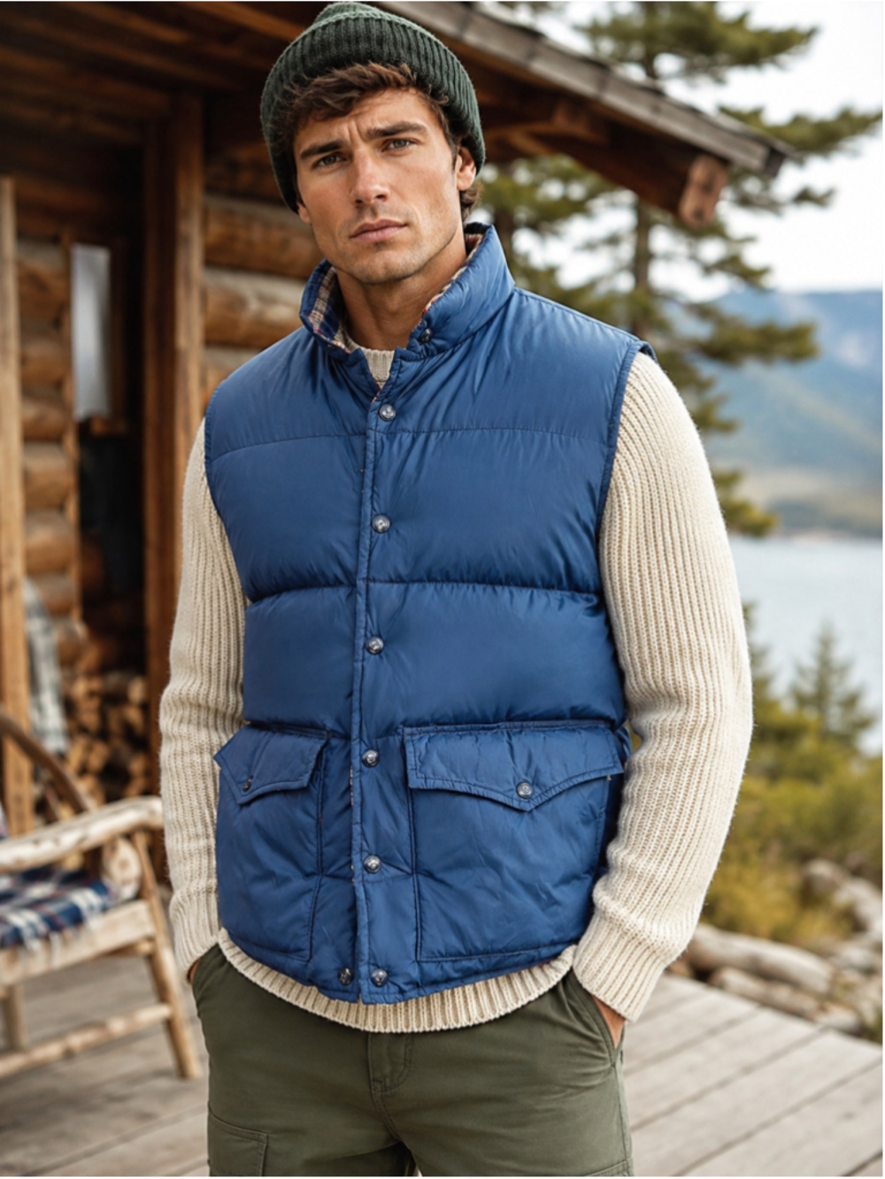 Vintage Down Vest Men L Blue Goose Reversible Puffer Gorpcore Hiking Plaid Blue